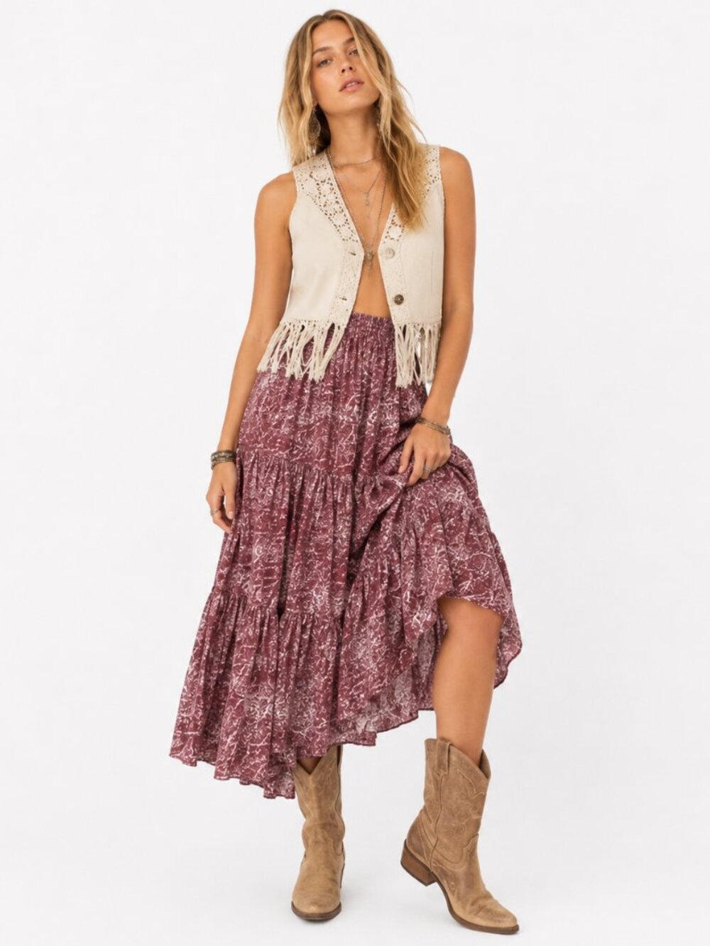 Vintage Angela's Western Maxi Skirt Womens L Red Cotton Tiered Prairie Rodeo